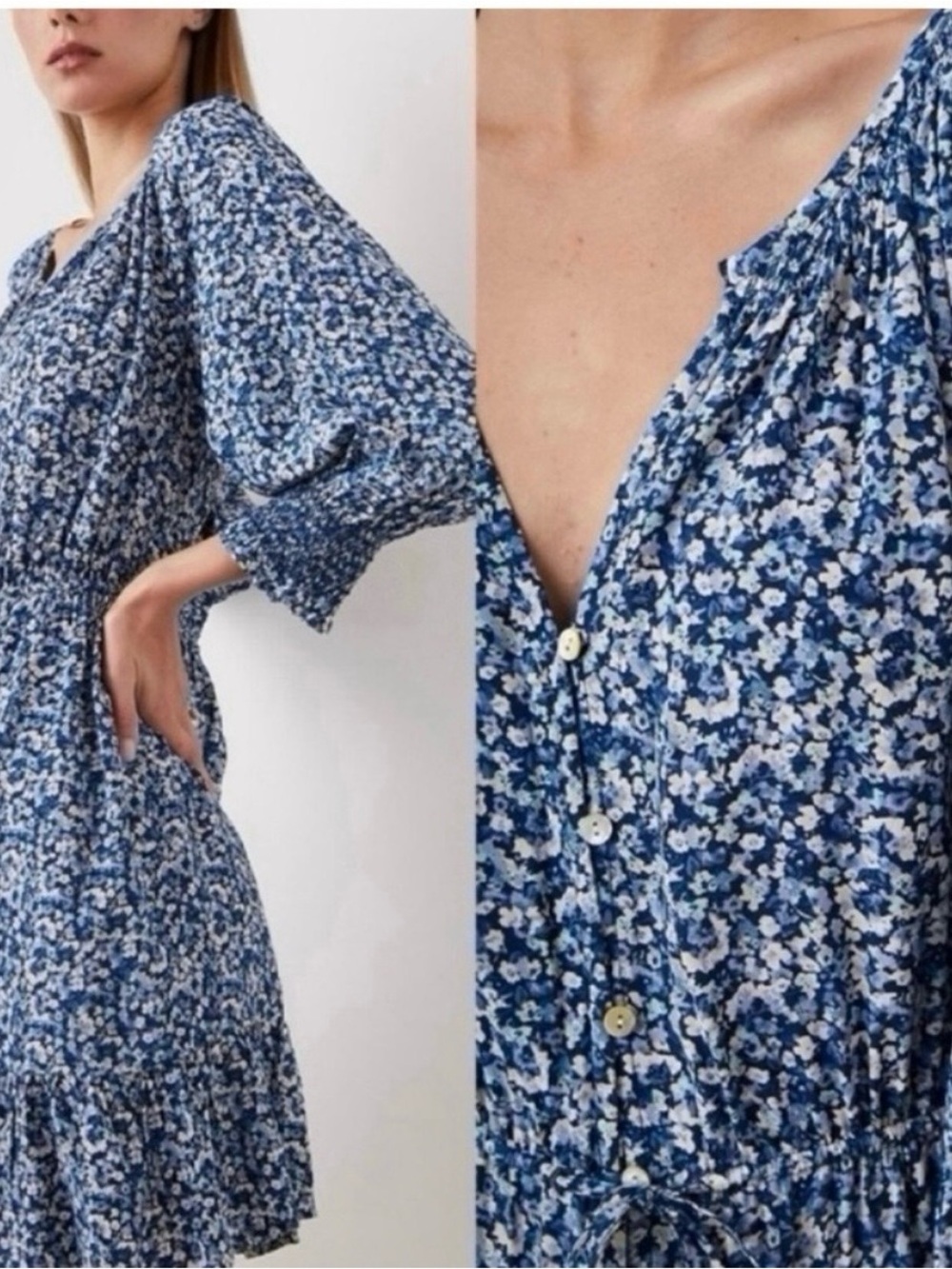 Rails Blue Floral Eliza Dress 3/4 sleeves  in Ice Chrysanthemum summer picnic